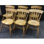 A set of six pine kitchen chairs, turned legs and stretchers (6)