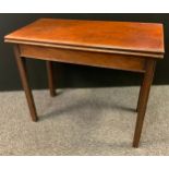 A 19th century mahogany tea table, fold over top, square legs, 74cm high x 91cm long x 45cm deep