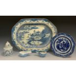A Turner canted rectangular meat plate, decorated in underglaze blue with figure deer hunting,