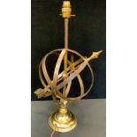 An Armillary Sphere style brass table lamp, 56cm high