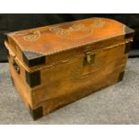 A late 19th early 20th century leather studded dome top chest, 44cm high, 77cm wide