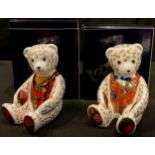 A Royal Crown Derby paperweight, Debonair Bear, gold stopper, boxed; another, Blue Bow Tie Teddy