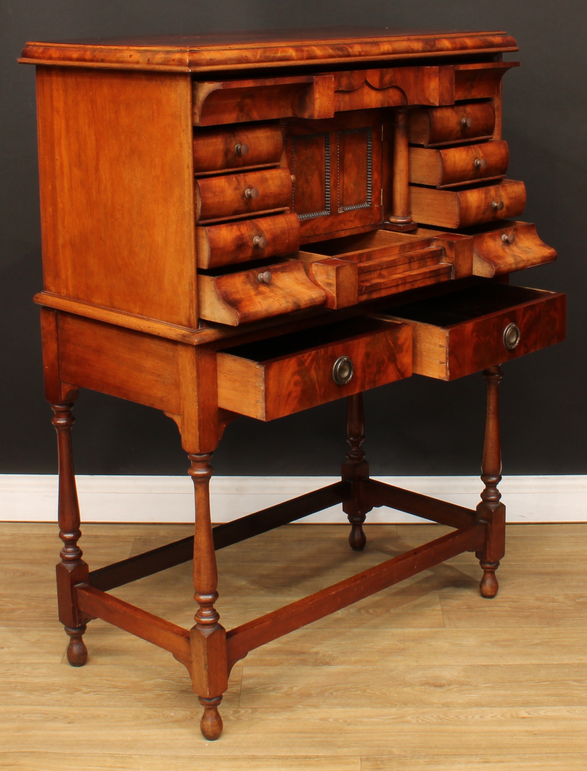 A Biedermeier flame mahogany architectural collector’s cabinet, rectangular top with convex- - Image 5 of 6