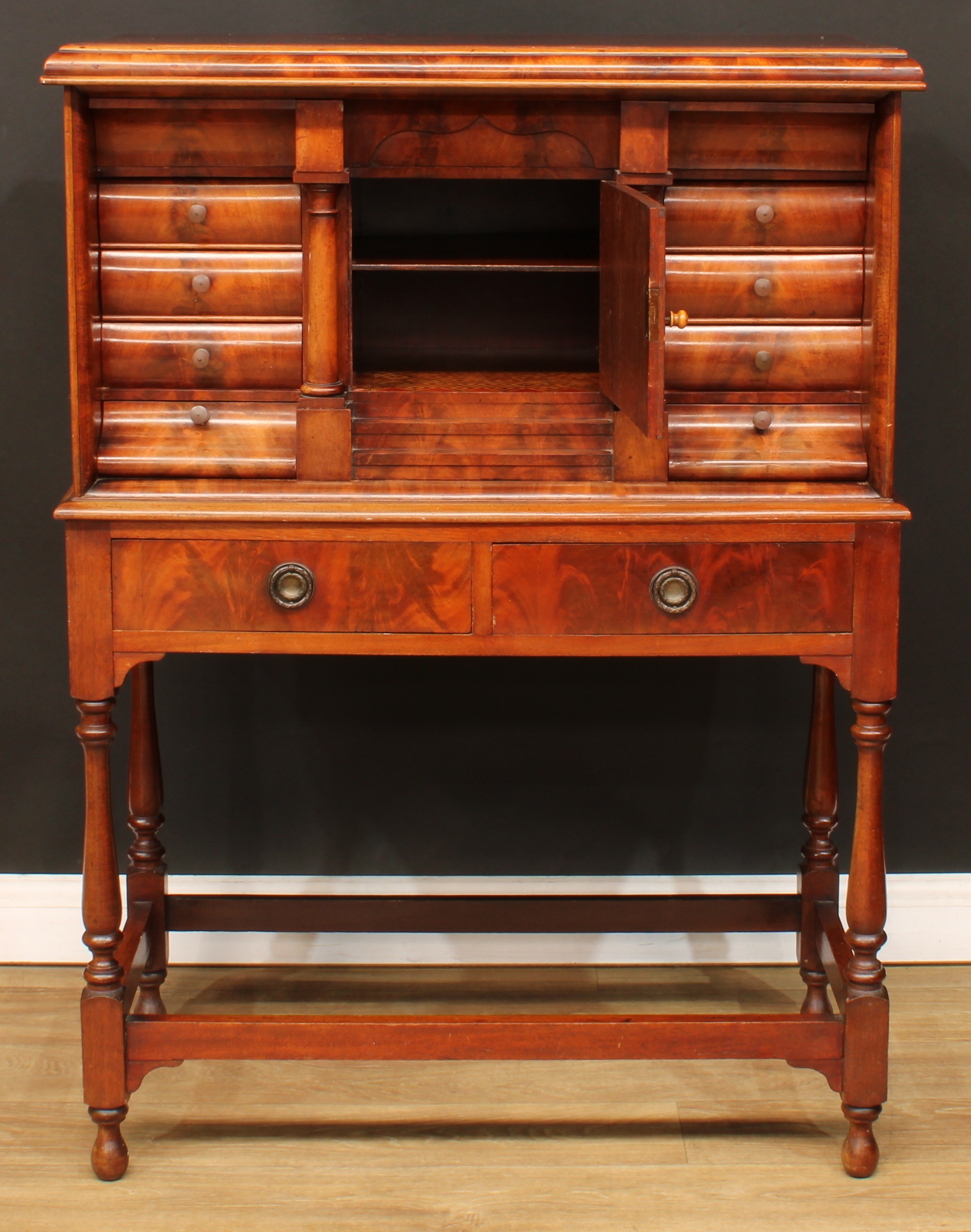 A Biedermeier flame mahogany architectural collector’s cabinet, rectangular top with convex- - Image 2 of 6