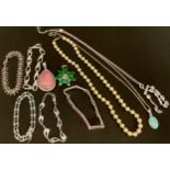 Jewellery - five silver bracelets; four pendants; pearls