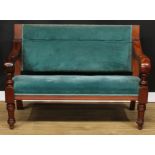 A late 19th century mahogany entrance hall bench or settle, stuffed-over upholstery, downswept arms,