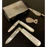 A silver and mother-of-pearl fruit knife, Sheffield 1927; another, Sheffield 1899; a matchbox