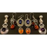 Jewellery - a pair of silver mounted amber coloured earrings; another pair similar; stone set silver