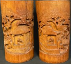 A pair of Chinese bamboo bitong brush pots