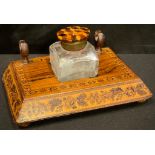 A Victorian Tunbridge Ware and rosewood inkstand, clear glass well with screw-fitting cover, c.1860