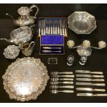 Plated Ware - Victorian and later teapot, tray, mother of pearl hafted flatware, etc, qty