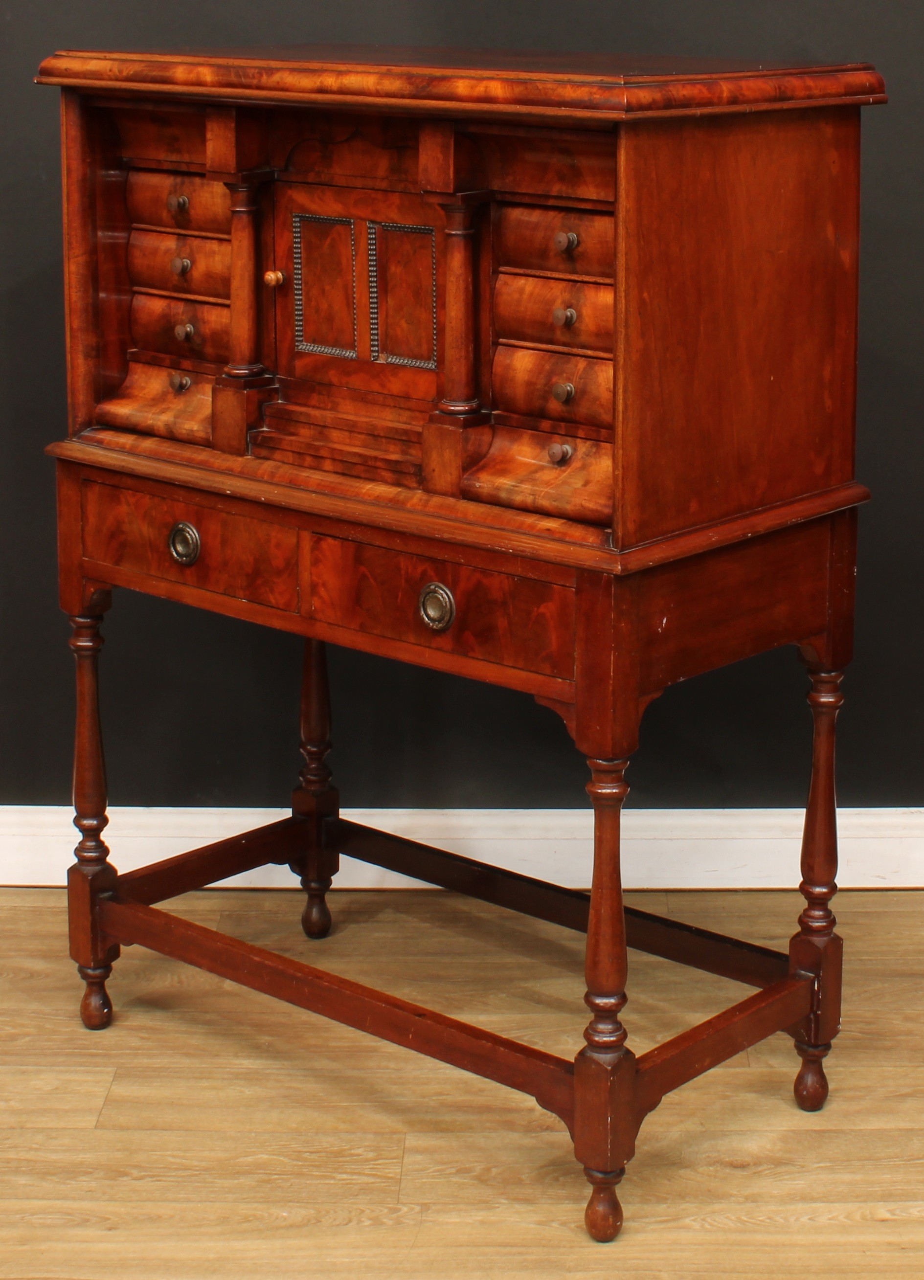 A Biedermeier flame mahogany architectural collector’s cabinet, rectangular top with convex- - Image 6 of 6