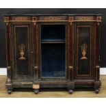 A Victorian gilt metal mounted amboyna banded ebonised and marquetry side cabinet, slightly