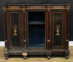 A Victorian gilt metal mounted amboyna banded ebonised and marquetry side cabinet, slightly