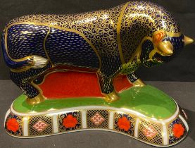 A Royal Crown Derby paperweight, Grecian Bull, gold stopper, printed marks