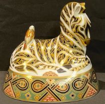 A Royal Crown Derby paperweight, Zebra, gold stopper, 15cm wide, printed mark