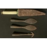 A Moorish dagger, pointed steel blade, bone one-piece grip, leather scabbard, (1); arrowheads,
