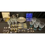 A set of five Denby wine glasses; a set of six acid etched wine glasses, knopped stems; a set of