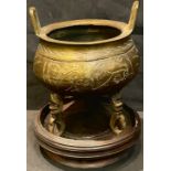 A Chinese bronze censer, hardwood stand