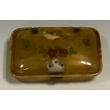 A 19th century painted horn rectangular snuff box, hinged cover decorated in polychrome with a