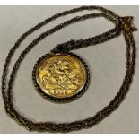 An Edward VII gold half sovereign, dated 1910, 9ct gold mounted as a pendant with 9ct gold