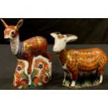 A Royal Crown Derby paperweight, Nanny Goat, visitor's centre exclusive, gold stopper; another,