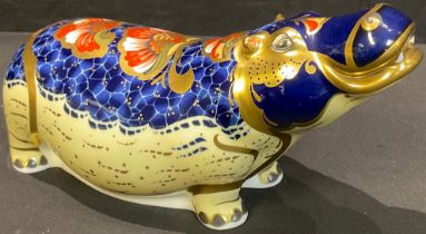 A Royal Crown Derby paperweight, Hippopotamus, gold stopper, printed mark