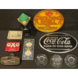 Advertising - a Shell Oil for motorcycles sign; Shell Oil glass paperweights; an Oxo tin; an Avon
