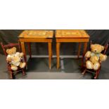 A pair of Italian marquetry musical needlework tables; a pair of Robin Rive collector's Teddy Bears,