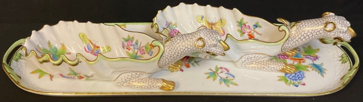 A pair of Herend Queen Victoria pattern sauce boats on stand, each sauce boat handle modelled as a