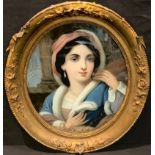 A 19th century oval glass panel, painted with an Italian maiden, 59.5cm high