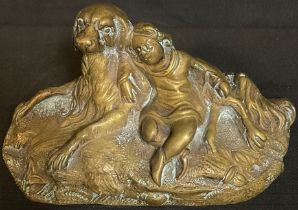 French School (19th century), a bronze, of a girl sleeping beside a dog, 12cm wide