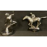 A chrome car mascot, jockey on horseback, 16cm wide; another Art Deco nude female dancer, 15cm