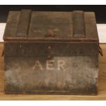 A pine tool chest or box, inscribed Blackstone, A.E.R, 32cm high, 46.5cm wide, 42.5cm deep; a