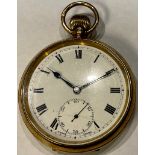 A 9ct gold open face pocket watch, white enamel dial, roman numerals, subsidiary seconds dial with