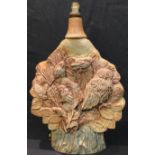 Studio Pottery - a Bernard Rooke table lamp, decorated in relief with owls in a tree, signed, 42cm