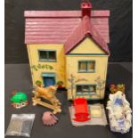 Toys - a scratch built fold out doll's house and contents, including rocking horse mid-20th