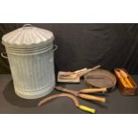 Tools - gardening and other tools, sickle, sifting tray; a galvanised dustbin and cover; qty