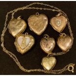 Jewellery - heart shaped lockets, some marked '9ct back and front' (7)