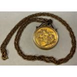 A George V gold full sovereign, 1913, 9ct gold mounted as a pendant with a 9ct gold necklace