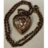 A 9ct gold belcher necklace chain, with a 9ct gold back and front love heart shaped pendant