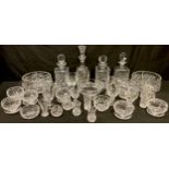A cut glass decanter; three others; cut glass wine glasses; fruit bowls; set of six sundae dishes;