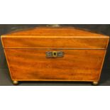 A George III mahogany sarcophagus shaped tea caddy, outlined with boxwood stringing, brass