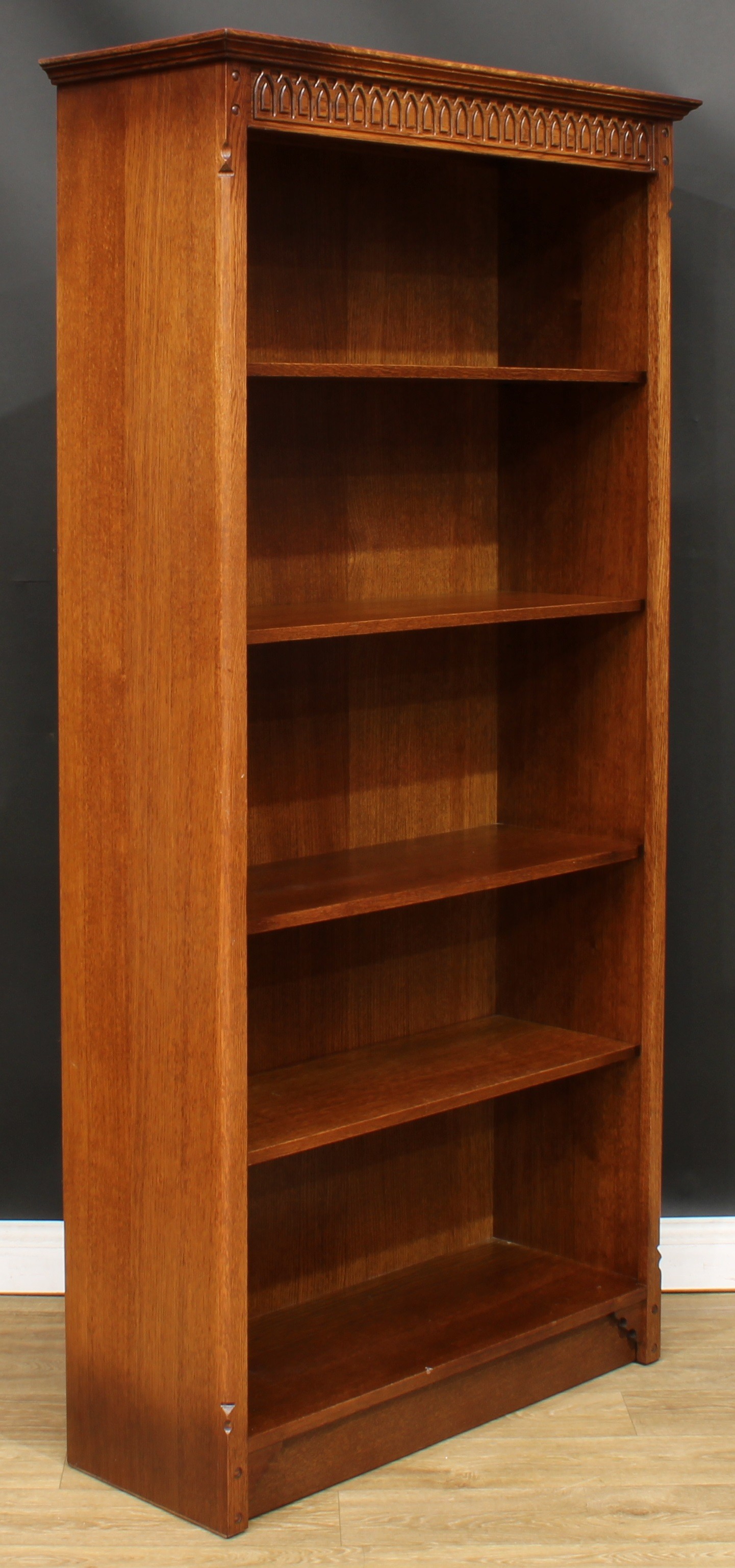A tall oak open bookcase, carved frieze, 185cm high, 93.5cm wide, 35cm deep, the book depth 29cm - Image 2 of 2