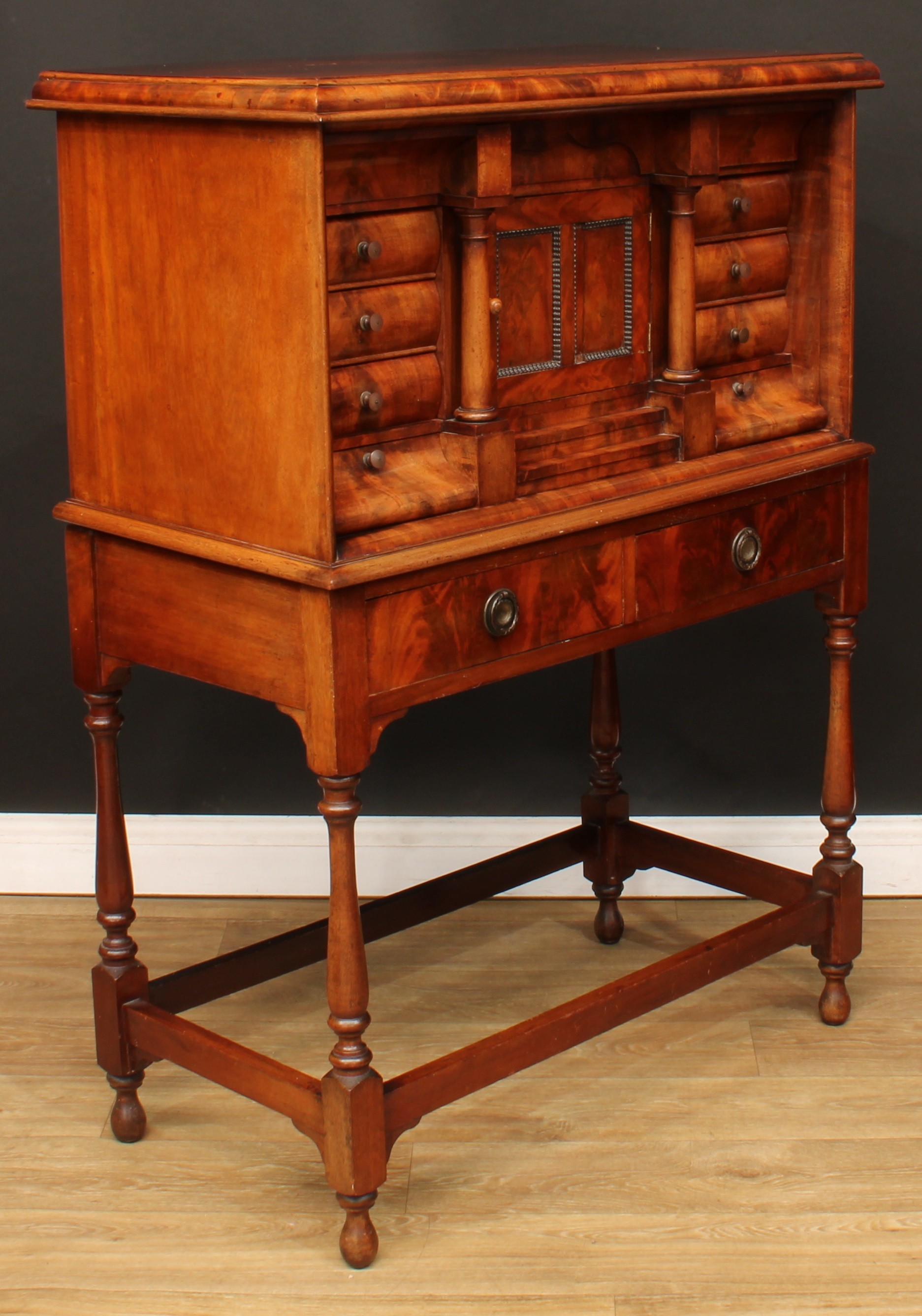 A Biedermeier flame mahogany architectural collector’s cabinet, rectangular top with convex- - Image 4 of 6