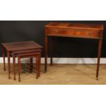 A George III style side table, crossbanded rectangular top above a long frieze drawer, tapered