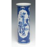 A Chinese cylindrical sleeve vase, painted in underglaze blue with vase on a stand, the ground