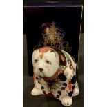 A Royal Crown Derby paperweight, Old Imari Bulldog, gold stopper, printed marks in red, boxed