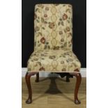 A George I Revival mahogany side chair, stuffed-over upholstery, cabriole legs, pad feet, 95cm high,