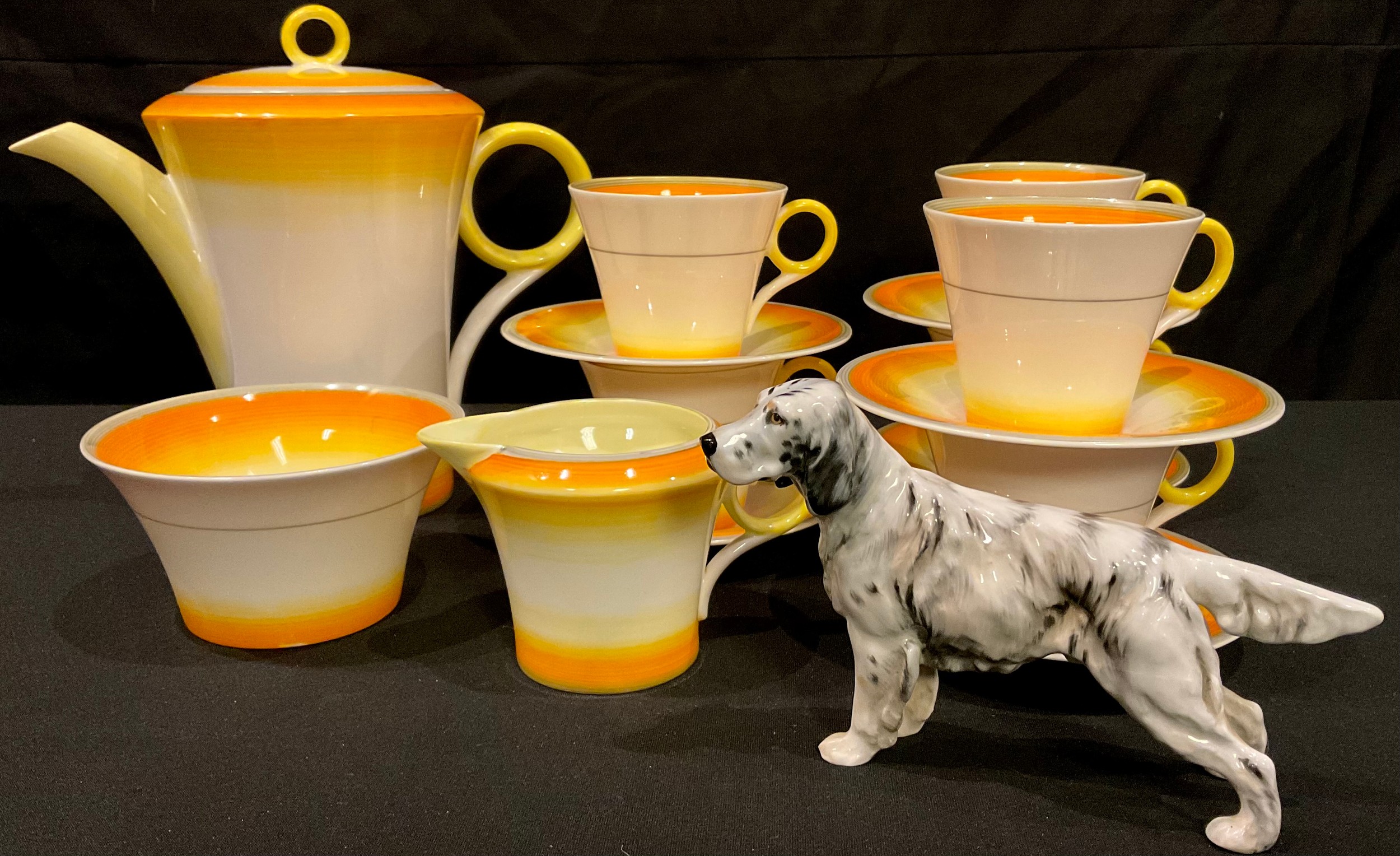 An Art Deco Shelly coffee set comprising coffee pot, cream jug and sugar bowl, six coffee cups and